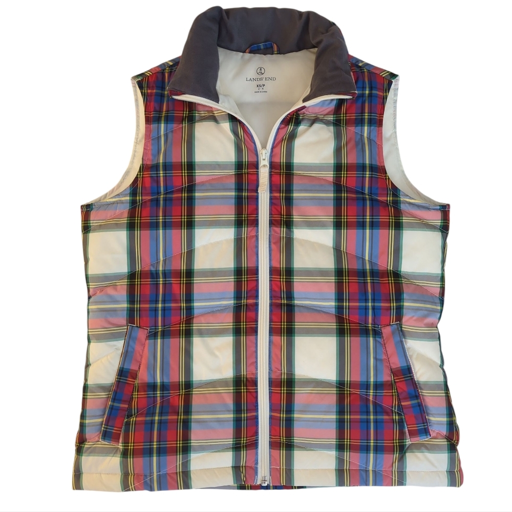 Lands' End Down Feathers Plaid Puffer Vest XS/P (2-4) Red Blue Pockets